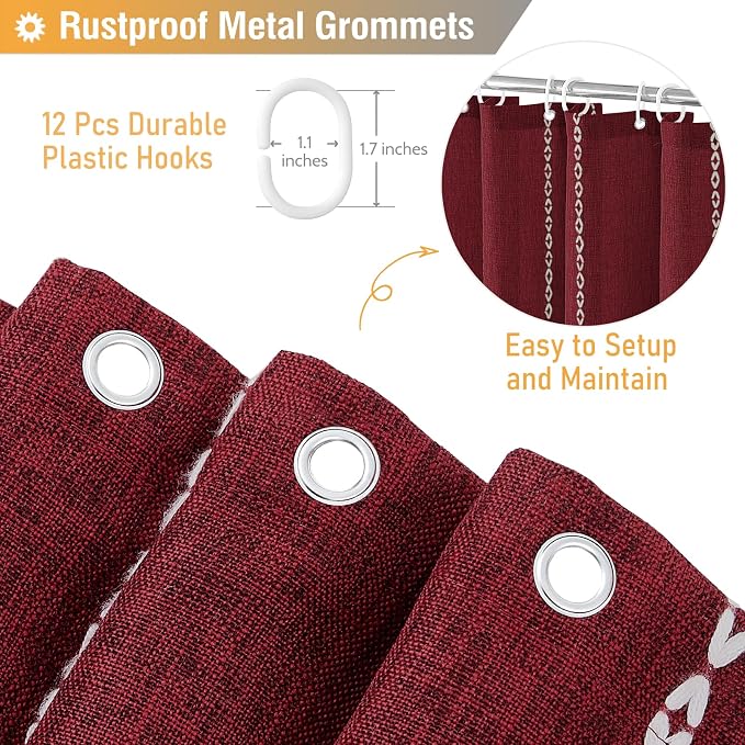 Burgundy Cream Boho Farmhouse Linen Heavy Duty Shower Curtain, 72x72 | 330GSM - Image 4