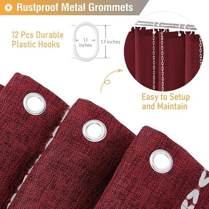 Burgundy Cream Boho Farmhouse Linen Heavy Duty Shower Curtain, 72x72 | 330GSM - Image 4