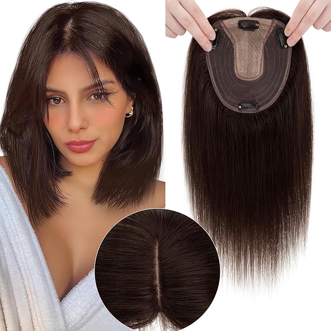 Hair Toppers for Women Real Human Hair No Bangs, 13 * 15 cm Larger Silk Base 150% Density Clip In Topper Hairpieces, Wiglet Top Pieces Add Volume -10 Inch 02 Dark Brown
