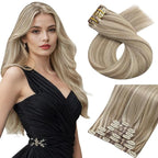 Moresoo Blonde Seamless Clip in Hair Extensions Real Human Hair Blonde Highlights Clip ins Human Hair Invisible Golden Brown with Platinum Blonde for Full Head 120g/7pcs 16 inch