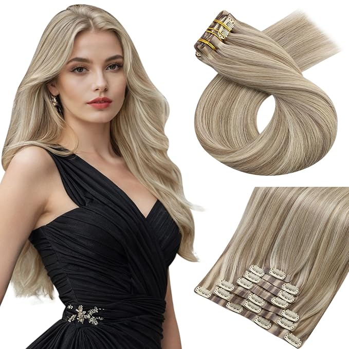 Moresoo Real Hair Extensions Clip in Human Hair Thick Brown with Blonde Highlights Seamless Clip in Hair Extensions Light Brown with Platinum Blonde for Women Long And Invisible 120g/7pcs 20 inch