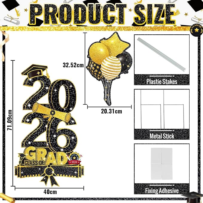 3.37FT Class of 2026 Graduations Yard Signs, Large Black & Gold 2026 Graduation - Image 2