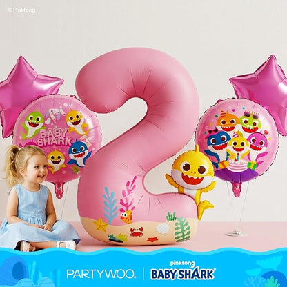 PartyWoo Baby Shark Pink Foil Round Star Mylar Number 2 Balloons 5pcs | Balloons - Image 2