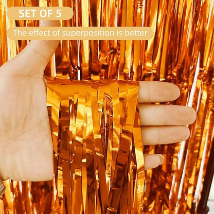 5 Pack Orange Fringe Backdrop 3.2ft x 8.2ft Foil Curtain Tinsel Foil Fringe - Image 2