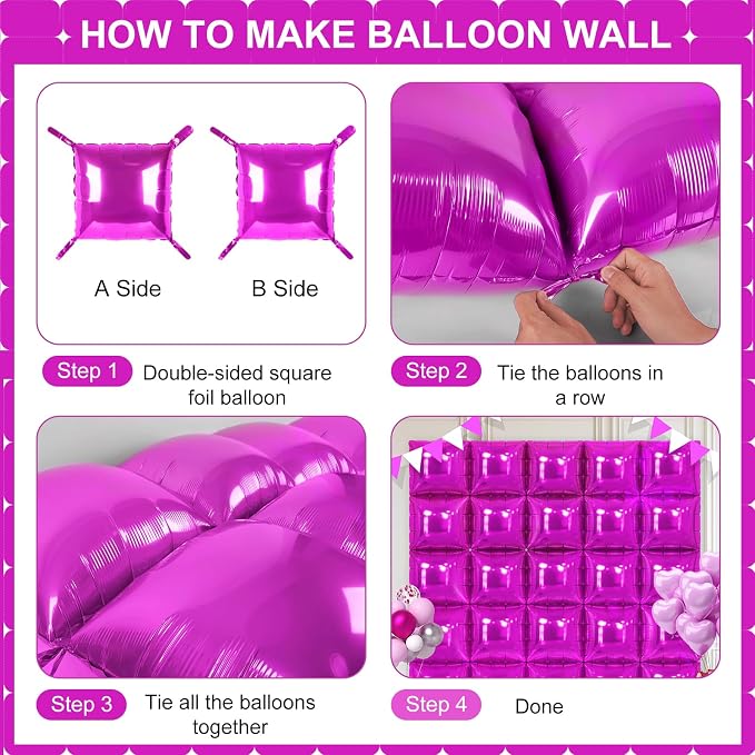 Hot Pink Square Foil Balloons 25 Pcs Metallic Hot Pink Balloons Wall Backdrop - Image 3