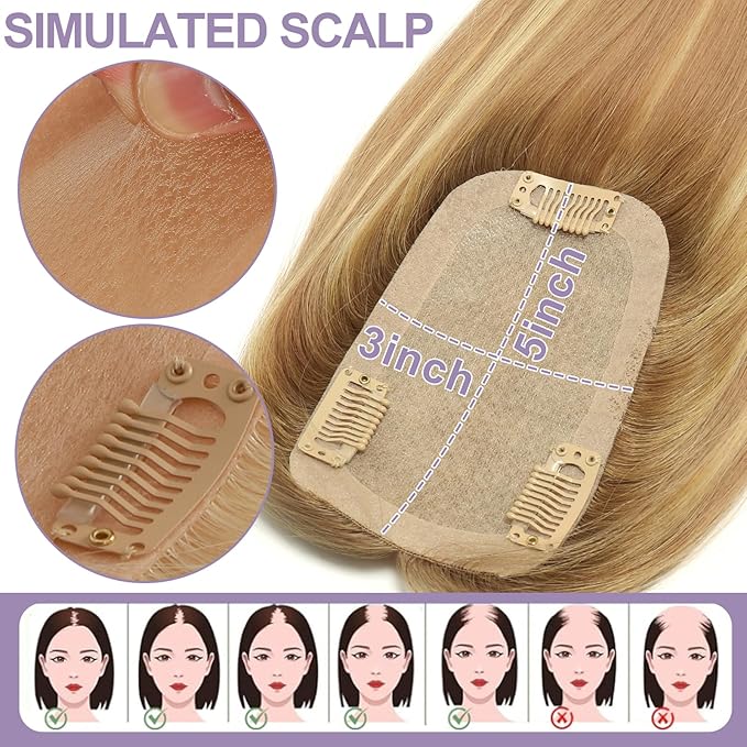 Real Human Hair Toppers for Women #TLQ, 3x5 Inch Injected Silk Base 130% Density 14 Inch Length Hair Toppers
