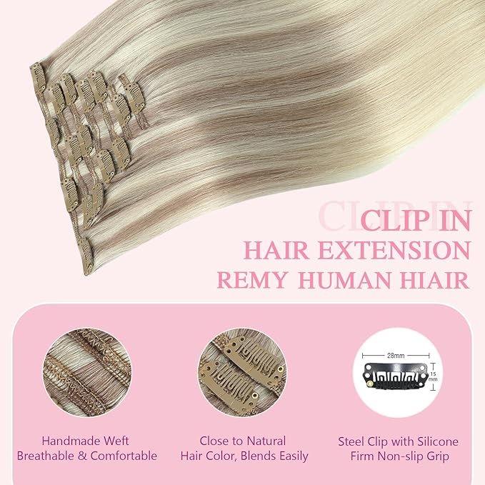PINKPEARL Clip in Hair Extensions Straight Human Hair #18/22/60 Balayage Ash Blonde to Golden Blonde and Platinum Blonde 7pcs 120g 22 Inch Real Hair Clip in Extensions(#18/22/60-22)
