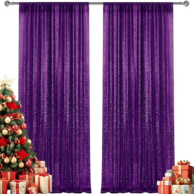 2×8FT-2PCS Purple Sequin Backdrop Curtains Panels, Photography Backdrop Glitter - Image 8