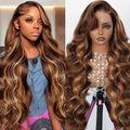 34 Inch Highlight Ombre Lace Front Wig 13x4 Full Frontal Lace Wig Skinlike HD Lace Wig Body Wave lace front Wigs for Women 15A Pre Plucked with Baby Hair 4/27 honey blonde 200% Density