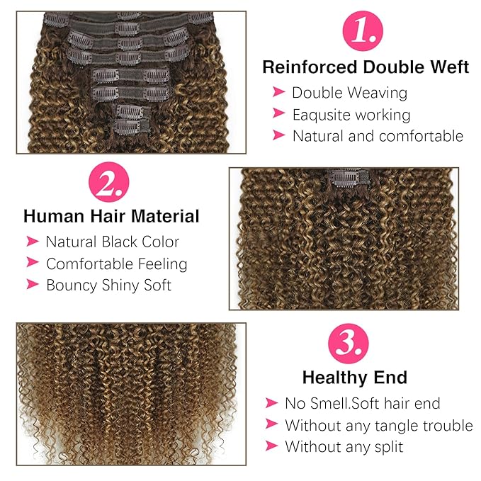 Kinky Curly Clip in Hair Extensions Real Human Hair 4/27/4 Omber Kinky Curly Clip ins For Women 3c 4a Brazilian Virgin Clip on Hair (20inch,#4/27/4)