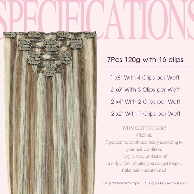 PINKPEARL Clip in Hair Extensions Straight Human Hair #8P60 Ash Brown Highlighted Platinum Blonde Clip in Extensions Remy Real Human Hair Extensions 7pcs 120g 22 Inch(#8P60-22)