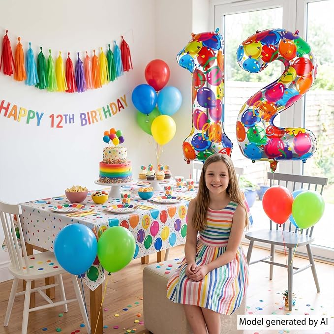 40 Inch Rainbow Balloon Number 12 Balloons, Giant 12th Birthday Decor | 40" - Image 6