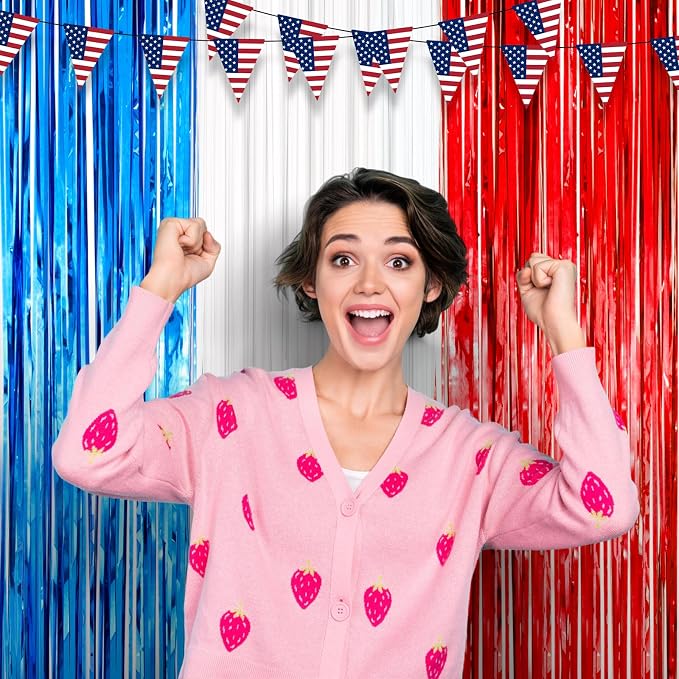 Voircoloria Red White Blue Foil Fringe Backdrop Curtains, 3 Pack | Tinsel - Image 7