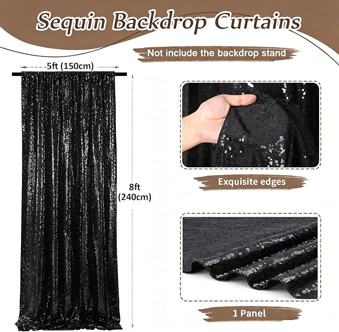 Black Sequin Backdrop Curtains-1 Panel 5FTx8FT Black Backdrop - Image 2