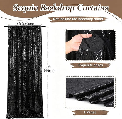 Black Sequin Backdrop Curtains-1 Panel 5FTx8FT Black Backdrop - Image 2