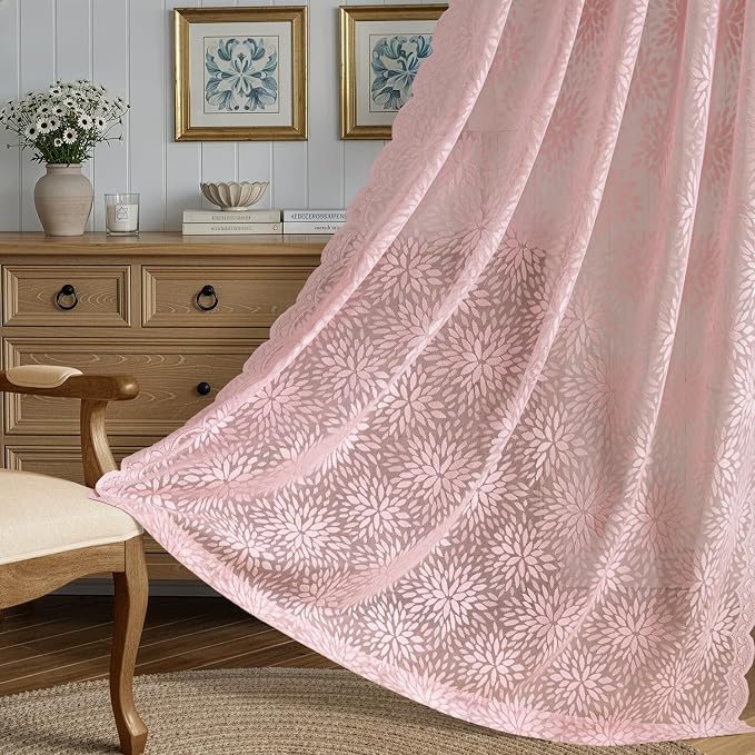 MIULEE Vintage Floral Scalloped Lace Curtains, Light Pink 52" W x 36" L | 2 - Image 3
