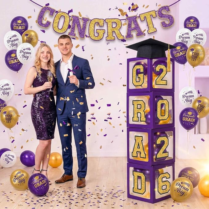 Graduation Decorations Class of 2026 Purple and Gold Balloon Boxes and Arch - Image 6