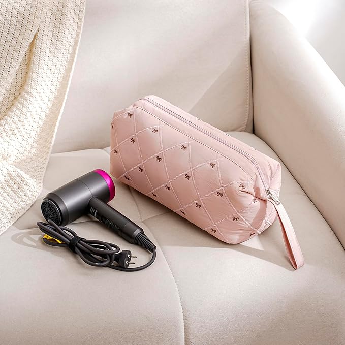 Large Quilted Hair Tools Travel Bag with Bow Pattern,Waterproof Hair Styling Accessories Storage Case for Shark FlexStyle, Dyson Airwrap Hair Dryer, Curling Iron, Revlon Hair Tools(Beige)