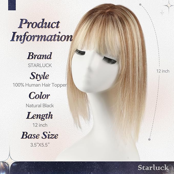 starluck Human Hair Toppers for Women Real Human Hair With Bangs 4 * 5.5 inch Base 12 inch SilkHug Hair Topper for Women Cover Grey Roots(Brown with Blonde Highlight)
