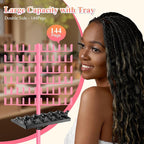 Braiding Hair Rack with Tray, 144 Pegs Height Adjustable Braiding Rack, 2-side Hair Extension Holder Hanger, Hair Stand with Stylist Hair Braiding Tools for Hair Salon Home Traveling (Pink)