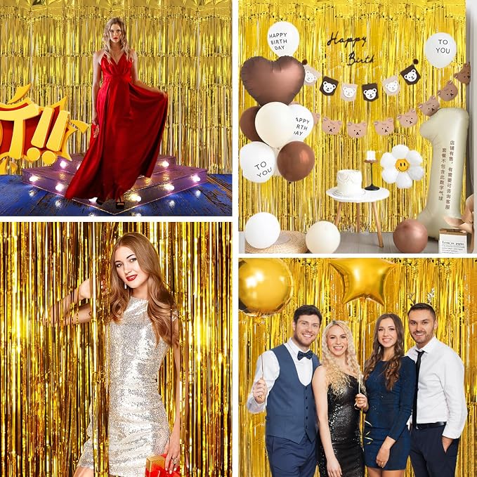 JINSUI Gold Fringe Backdrop 3.3x8.2ft, 2 Pack Foil Tinsel Curtains Decor | - Image 5