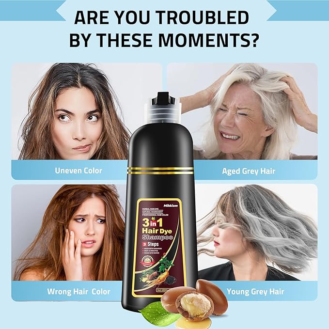 Dark Brown Hair Dye Shampoo 3 in 1 for Women & Men, 100% Hair Color for Gray Hair Coverage - Natural Plant -Champu Para Canas, Champu Para Pintar el Pelo