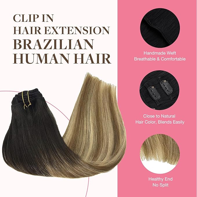 GOO GOO Clip in Hair Extensions Real Human Hair, Remy Human Hair Extensions Clip ins for Women, Natural Human Hair, 14inch 150g 9Pcs, 2/6/18 Balayage Brown to Dirty Blonde