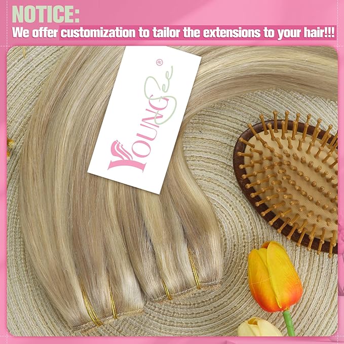 YoungSee Wire Hair Extensions Highlight Human Hair Wire Extensions Blonde Highlights Headband Hair Extensions Real Human Hair Golden Blonde with Light Blond Short Straight Hair 12Inch 70G
