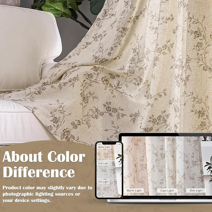 Extra Long Taupe Vintage Floral Linen Curtains Farmhouse 2 Panels | Elisa Series - Image 6