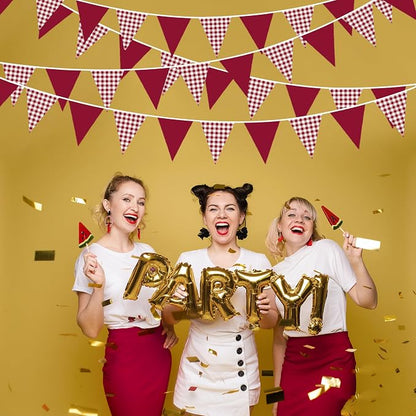 32Ft Burgundy Party Decorations Burgundy Gingham Plaid Checkered Triangle Flag - Image 7