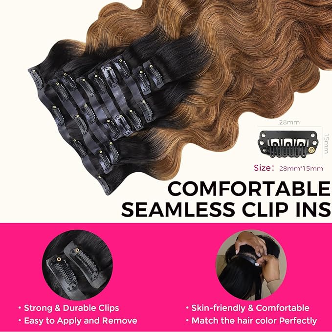 Lashey Seamless Clip in Hair Extensions Human Hair 130g 9pcs 18 Inch Body Wave Ombre Natural Black to Medium Auburn Clip in Hair Extensions for Women