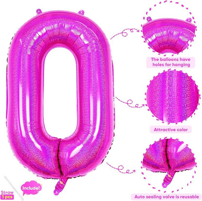 Hot Pink 0 Balloon, 40 Inch Large Laser Hot Pink Foil Helium Number Balloons 0-9 - Image 3