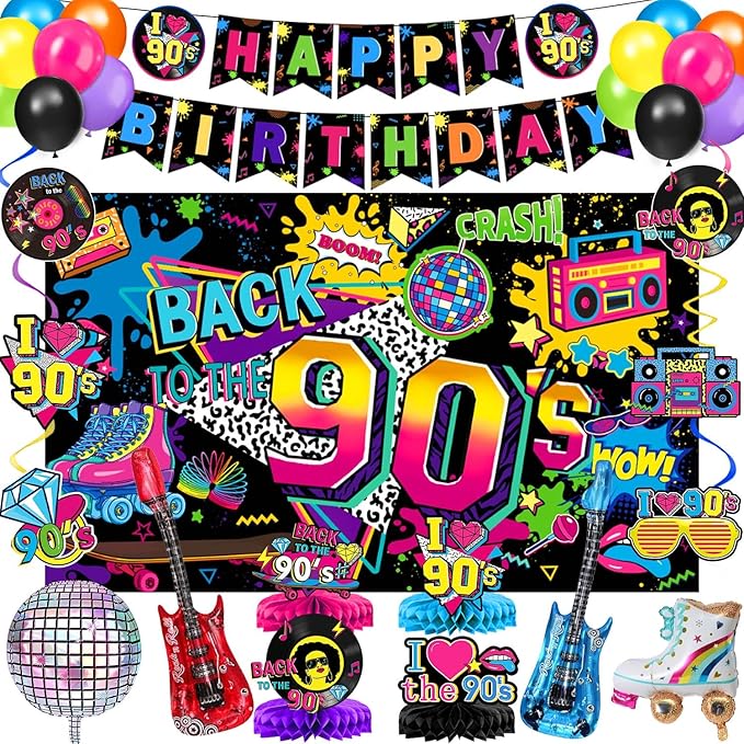 90s Birthday Party Decorations Includes Backdrop, Honeycomb Centerpieces by QIYANPAX