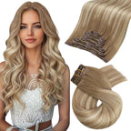 Moresoo Clip in Hair Extensions Real Human Hair Light Brown to Golden Blonde Balayage Human Hair Clip in Extensions 24 inch Remy for Women Long 120g 7pieces Double Weft for Wedding