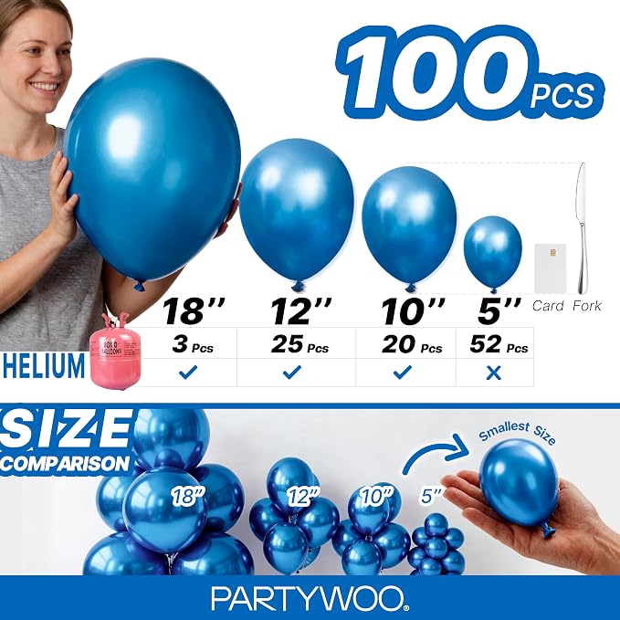 PartyWoo Metallic Blue Balloons 100pcs Chrome Blue Color 18 12 10 5 Inch | - Image 6