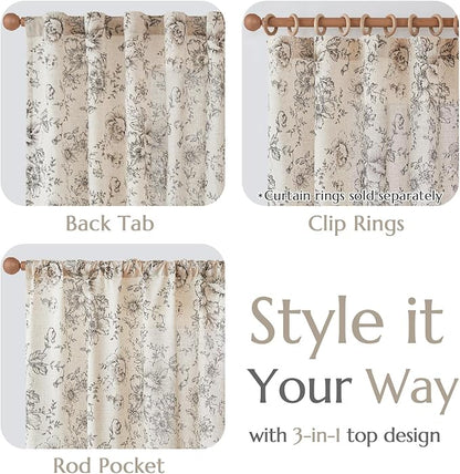 jinchan Black Floral Linen Curtains Lined 63 Inch Vintage Back Tab 2 Panels | - Image 6