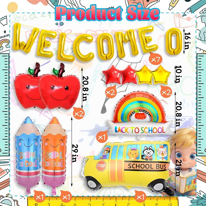 15 Pcs Back to School Balloons, School Bus Balloon, "WELCOME" Gold Letter - Image 2