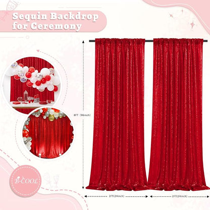 Red Sequin Backdrop Curtains Party Photo Glitter Drapes 2 Pcs 2FTx8FT | - Image 4