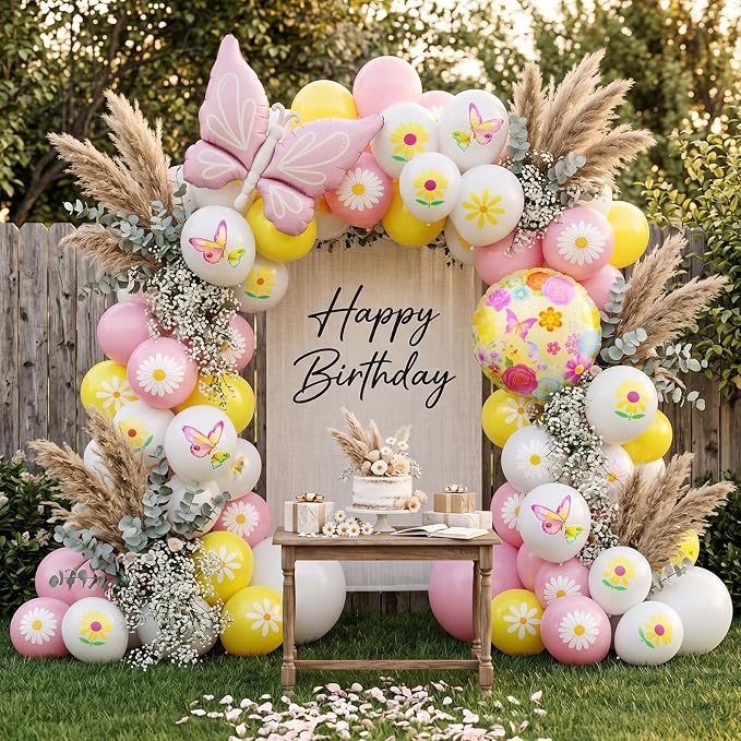 Flower Balloons, 12 Inch Pink Yellow White Daisy Printed Balloon, Butterfly - Image 4