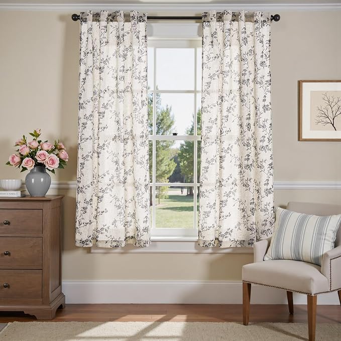 jinchan Black Floral Linen Curtains 63 Inch Rustic Drapes Back Tab 2 Panels | - Image 2