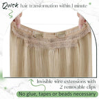 RUNATURE Invisible Wire Hair Extensions Real Human Hair with Transparent Wire, Fish Line Hair Extensions, Remy Soft Natural Hairpieces, Easy to Apply, 18 Inch 80g #16P22 Dark Ash Blonde Highlights