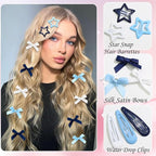 36Pcs Navy Blue Mini Bow Hair Clips Star Snap Hair Barrettes for Women White Water Drop No Slip Hair Clips Small Hair Bows Star Bowknot Hair Accessories for Teens Girls