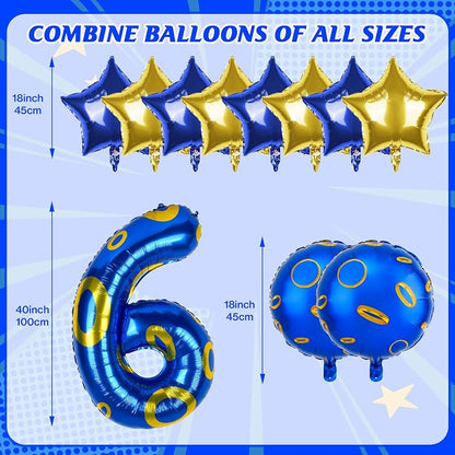 40 Inch Blue and Golden Ring Themed Number Balloon, Number Block Foil Number 6 - Image 2