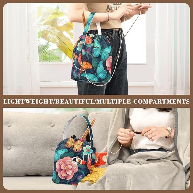 Blue Butterfly Flowers Yarn Bag Small Crochet Bag Drawstring Yarn Storage - Image 5