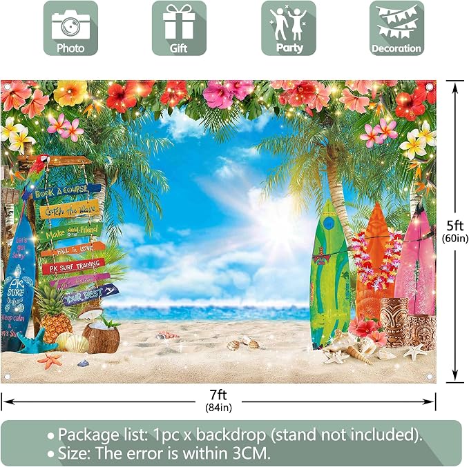 7x5ft Summer Hawaiian Beach Photography Tropical Luau Backdrop | Flower Palm - Image 4