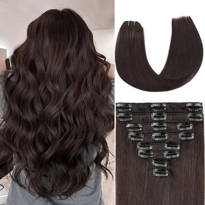 Dark Brown Clip in Hair Extensions Real Human Hair Invisible Seamless Remy Human Hair Clip in Extensions for Women 26 Inch 130g, 8pcs Per Set with Double Weft