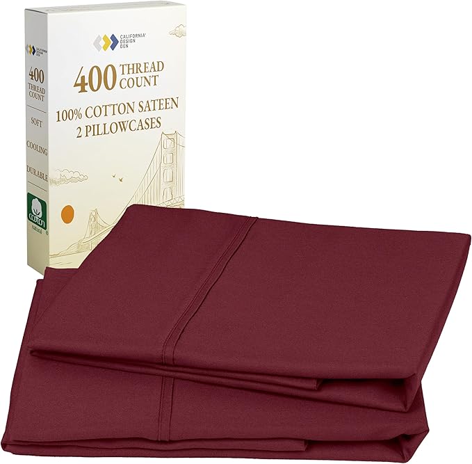 California Design Den King Size Pillowcase Set - 400 Thread Count, 100% Cotton Sateen, Set of 2 Pillow Covers, Soft and Breathable - Burgundy Red