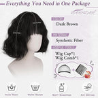 BARSDAR Dark Brown Short Wavy Wig with Bangs - Short Curly Dark Brown Wigs for Women - Wavy Textured French Bob Wig with Bangs Soft Synthetic Natural Looking Face-Framing Daily