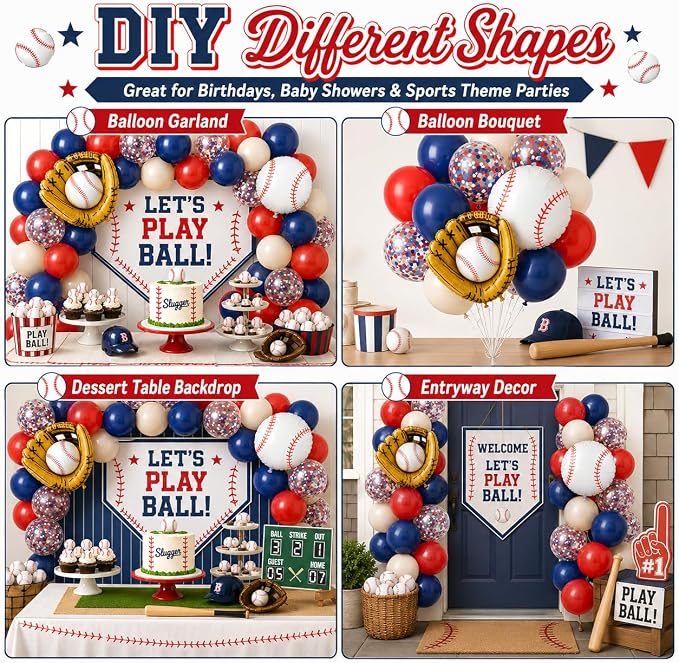 Baseball Balloons, 12 Inch Navy Blue Red Balloons, Nude Red Blue Confetti Latex - Image 7