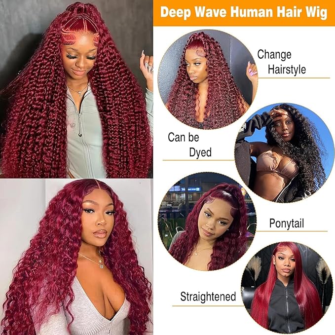 BVLBVL 38 Inch 99j 13x6 HD Lace Front Wigs Human Hair 250% Density Deep Wave Lace Front Wigs Pre Plucked Burgundy Wig Human Hair Wet And Wavy No Tangle No Shedding Triple Lifespan 3x